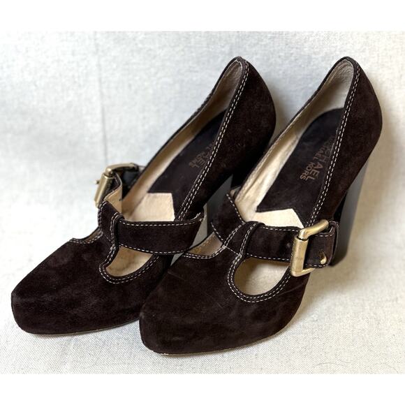Michael Kors Annabelle T-Strap Brown Suede Platform Pump Heels Buckle Wmns 7M - Picture 3 of 7